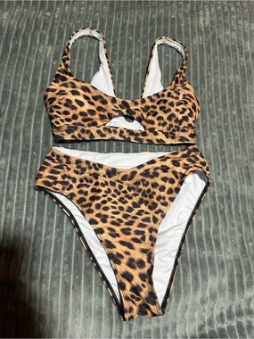 Leopard Print Kids One-Piece Bikini Set - Brown
